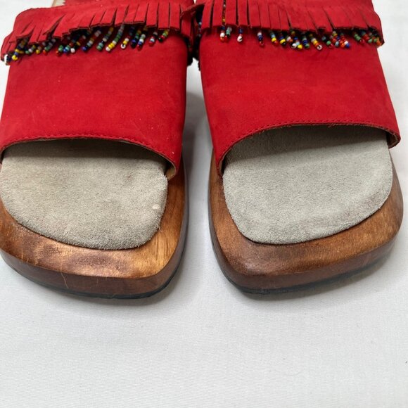 Rampage Womens y2k Red Suede Beaded Fringe Wood Clog Slide Sandals Size 7 - Picture 7 of 10